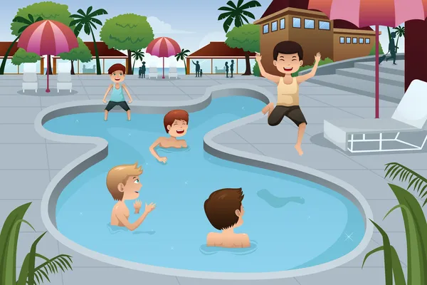 Enfants jouant dans une piscine extérieure — Image vectorielle