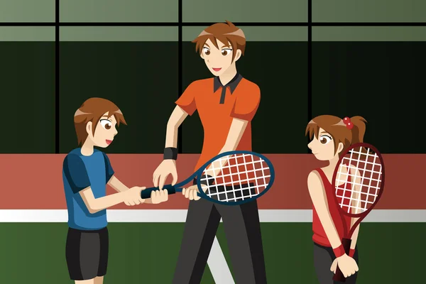 Kinderen in een tennisclub met de instructeur — Stockvector