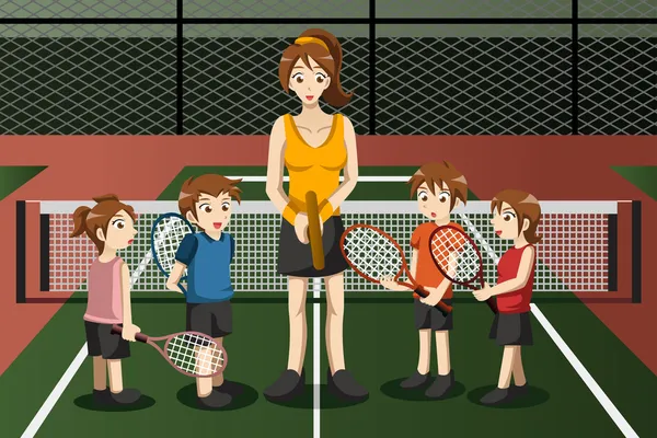 Anak-anak di klub tenis dengan instruktur - Stok Vektor