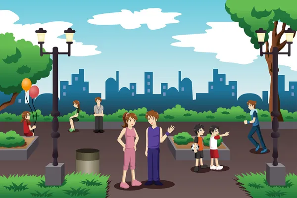Les gens dans un parc de la ville faisant des choses quotidiennes — Image vectorielle