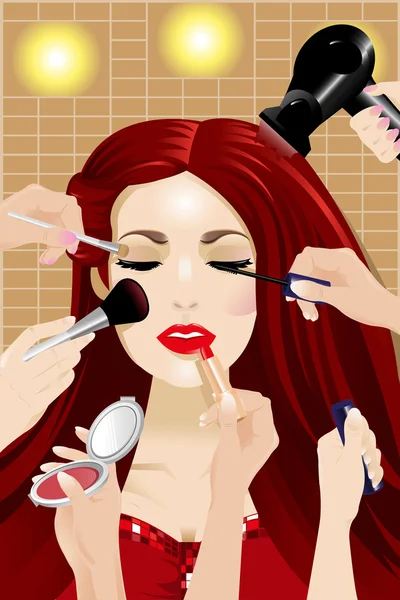 Muchas manos aplicando maquillaje en la cabeza de una mujer — Vector de stock