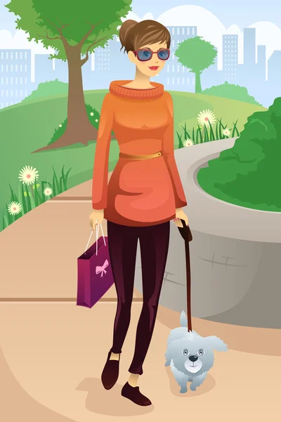 Mulher andando com seu cão —  Vetores de Stock