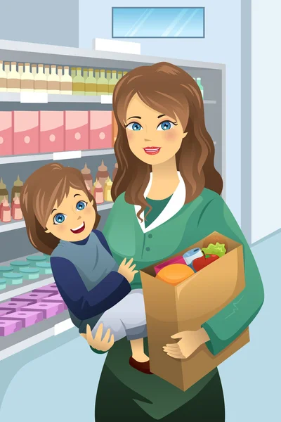 Madre llevando a su hija y bolsas de comestibles — Vector de stock