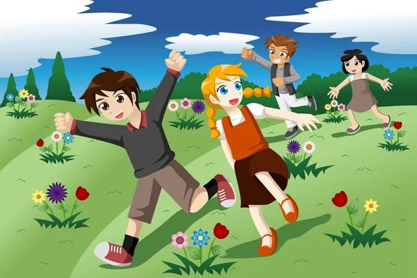 Crianças correndo no campo aberto de flores silvestres — Vetor de Stock