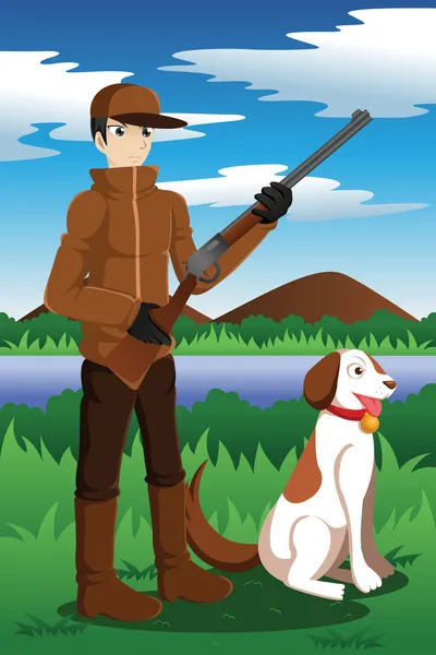 Pato Hunter con su perro — Vector de stock