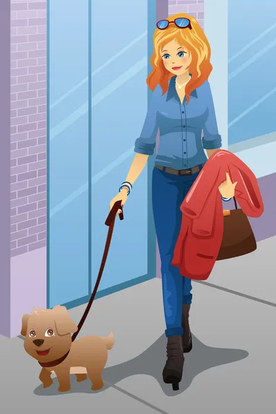 女人和她的狗一起散步 — 图库矢量图片