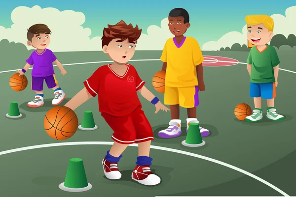 Niños en la práctica de baloncesto — Vector de stock