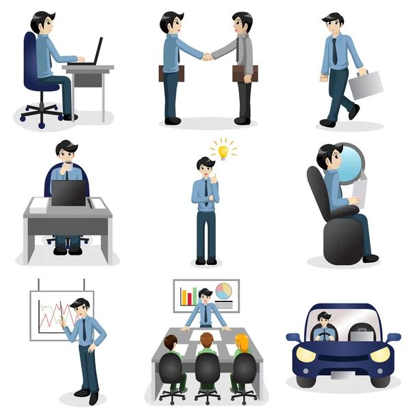 Small business people icons in different situation — Stock Vector