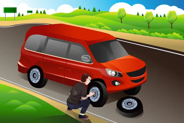 Man changing flat tire — Stock Vector