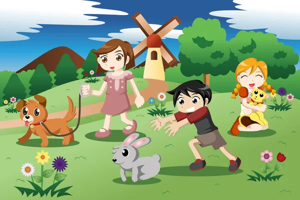 Niños pequeños con mascotas en el jardín — Vector de stock