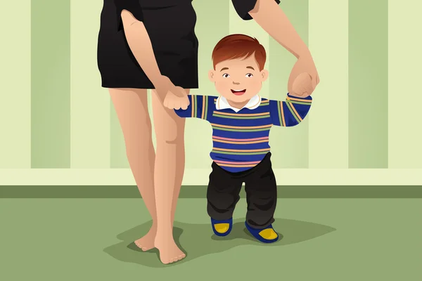 Mother helping her baby boy learning to walk — Stock Vector