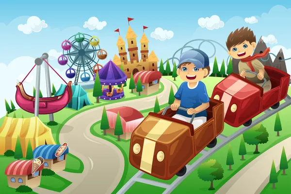 Kids having fun in an amusement park Stock Vector