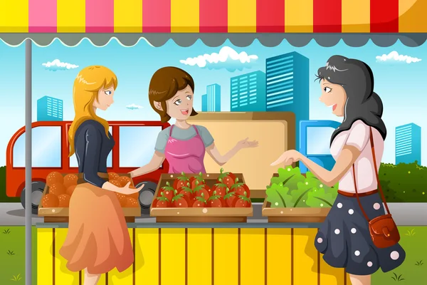 Les gens faisant du shopping dans le marché agricole — Image vectorielle