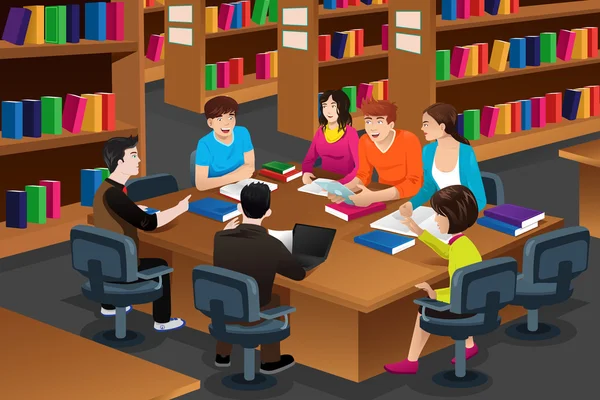 College students studying in the library — Stock Vector
