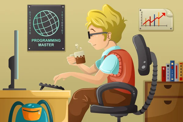 Computer programmer working on his computer — Stock Vector