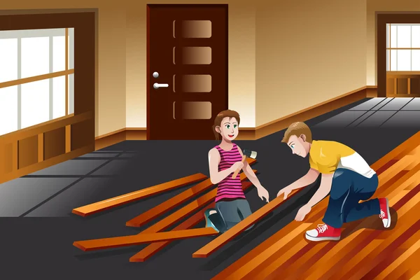 Jeune couple installant plancher de bois franc — Image vectorielle