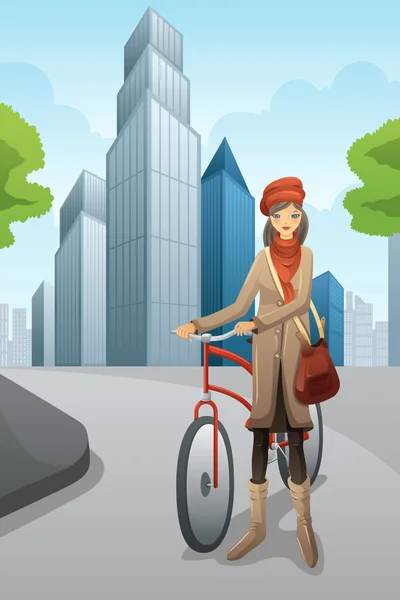 Mujer con bicicleta en la ciudad — Vector de stock