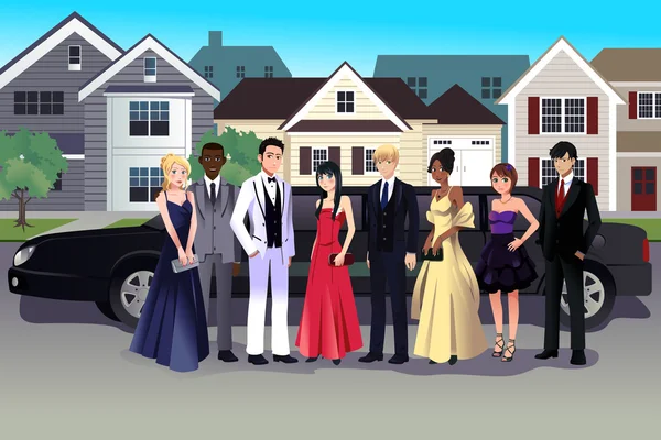 Adolescent en robe de bal debout devant une longue limousine — Image vectorielle