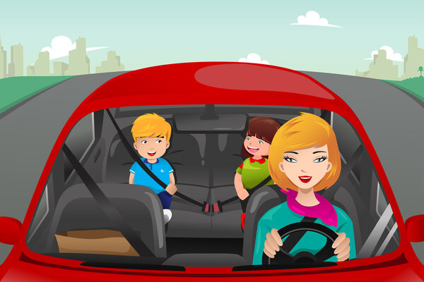 Mother driving with her children 