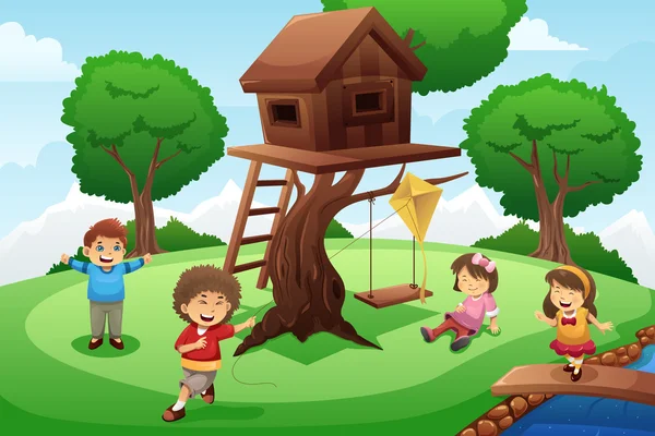 Niños jugando alrededor de casa del árbol — Vector de stock