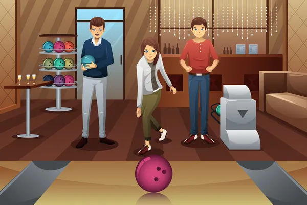 Jonge mensen spelen bowling — Stockvector