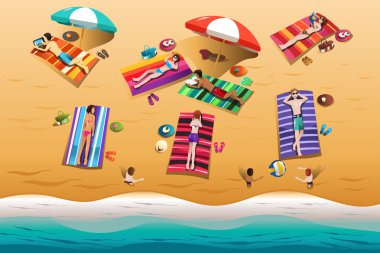 İnsanlar kumsalda güneşleniyor.