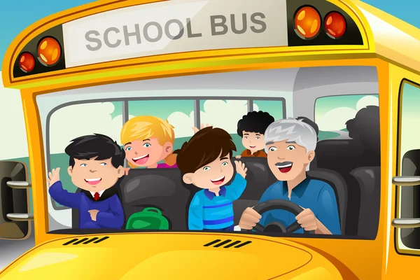 Niños divirtiéndose en un autobús escolar — Vector de stock