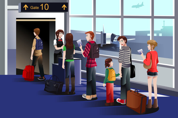 Люди садятся на самолет у ворот
