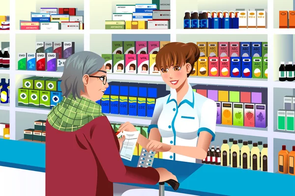 Pharmacist helping an elderly person — Stock Vector