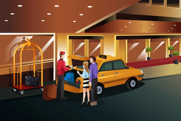 Hotel bellboy ayudar a los clientes — Vector de stock