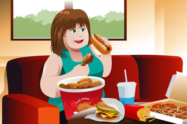 Donna in sovrappeso mangiare fast food — Vettoriale Stock