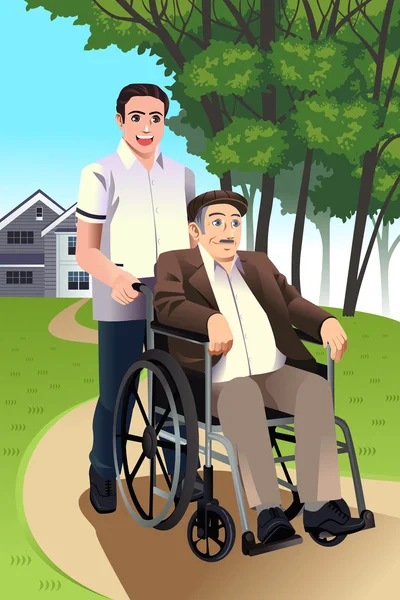 Man pushing a senior man in a wheelchair — Stock Vector