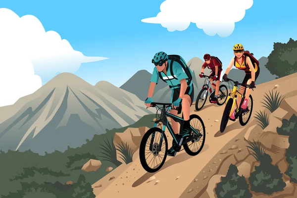 Ciclistas de montaña en la montaña — Vector de stock