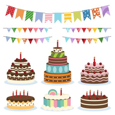 Colorful birthday banners and cakes clipart