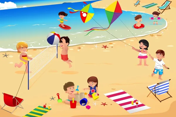 Niños en la playa — Vector de stock