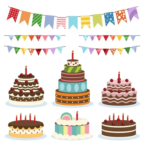 Coloridos pancartas de cumpleaños y pasteles — Vector de stock