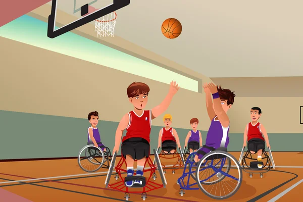 Hombres en sillas de ruedas jugando baloncesto — Vector de stock