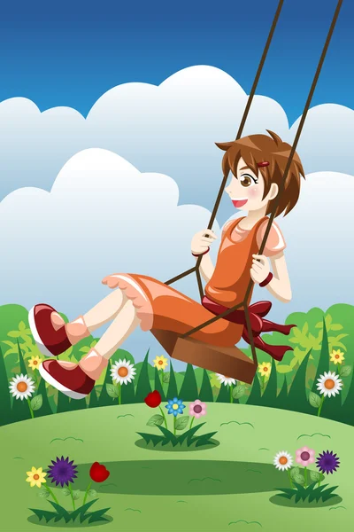 Girl playing swing in a park — Stock Vector