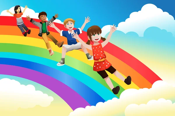 Children sliding down the rainbow — Stock Vector