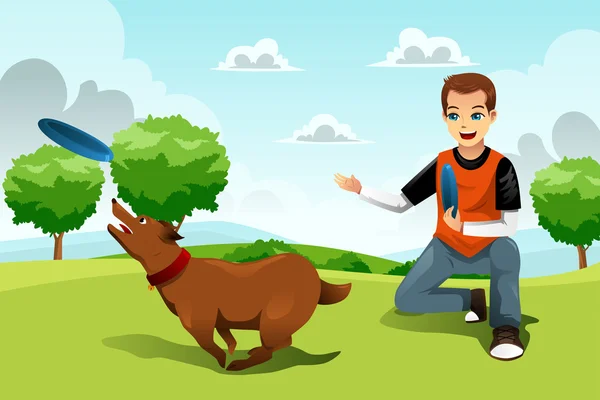 Muž hrát frisbee s jeho psem — Stockový vektor