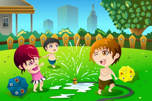 Niños jugando con agua de riego en el verano — Vector de stock