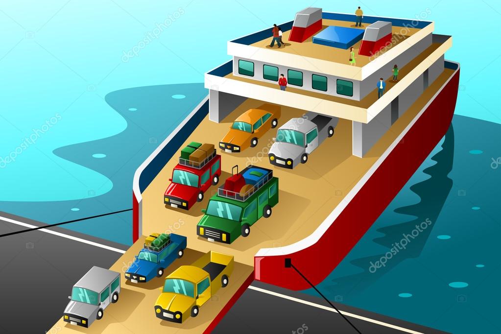 Imágenes animadas de ferry coches en vacaciones en un gran ferry