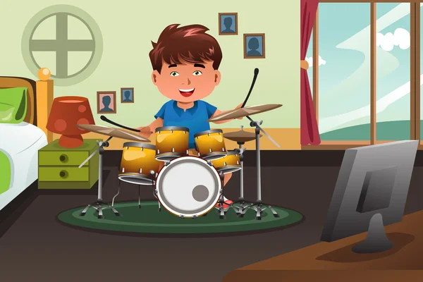 Kid practicing drum at home — Stock Vector