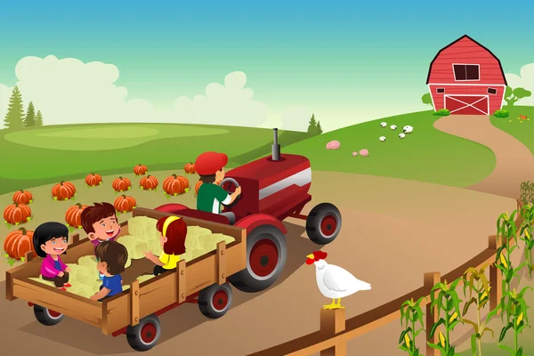 Niños en un paseo en un pajar en una granja durante la temporada de otoño — Vector de stock