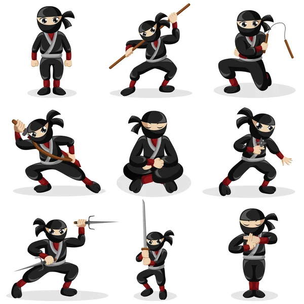 Ninja crianças em poses diferentes — Vetor de Stock