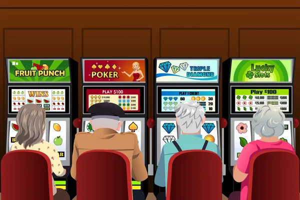 Personas mayores jugando máquinas tragamonedas en el casino — Vector de stock