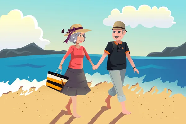 Pareja de ancianos caminando en la playa — Vector de stock