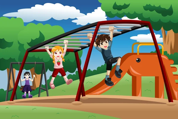Kids playing on a monkey bar at the playground — Stock Vector