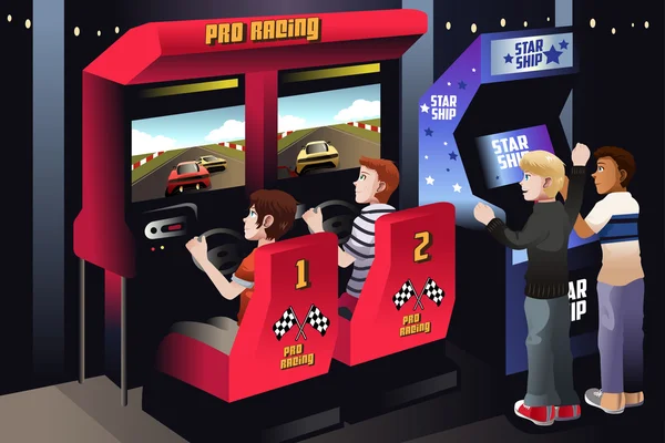 Chicos jugando carreras de coches en un arcade — Vector de stock