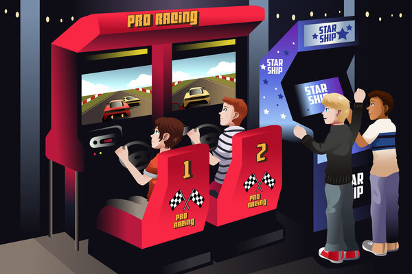 Boys playing car racing in an arcade